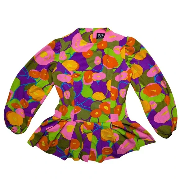 Vintage Zazie Small Bright Rainbow Floral 90s Long Sleeve Peplum Fitted Top - Picture 1 of 6